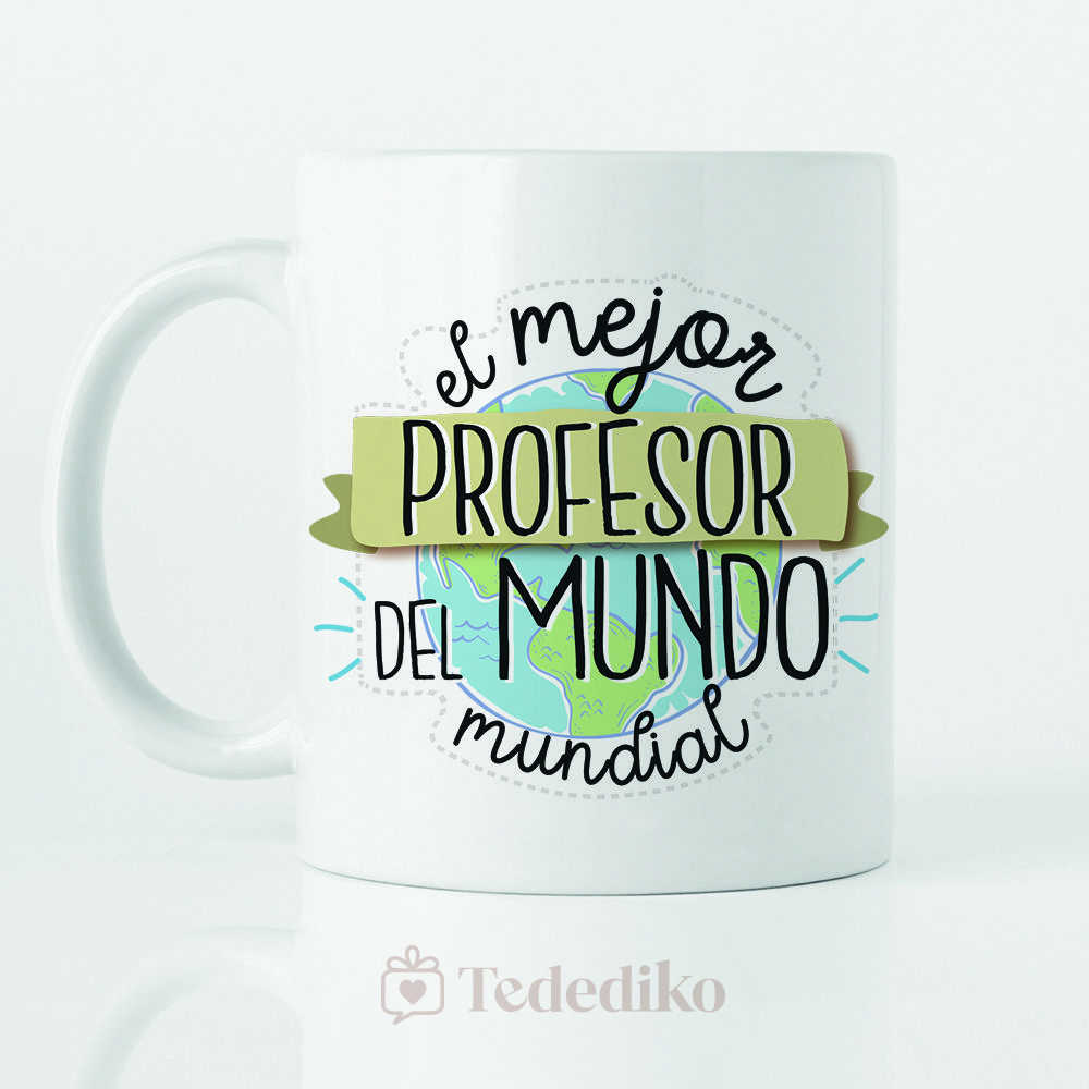 Taza de cerámica blanca especialmente diseñada para regalar al profesor en fin de curso como recordatorio especial que le regalen los alumnos.