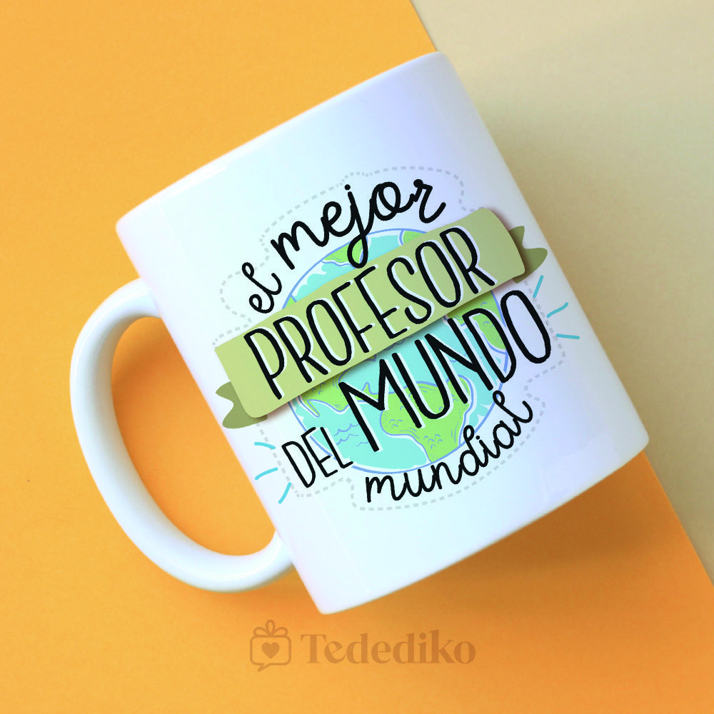 Taza de cerámica blanca especialmente diseñada para regalar al profesor en fin de curso como recordatorio especial que le regalen los alumnos.